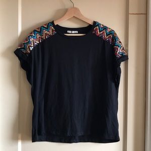 Zara Trafaluc sequin accent shoulder boxy fit top